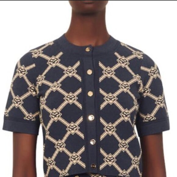 Rare Sandro Madere Logo Pattern cropped knit cardigan with jacquard - Picture 2 of 5